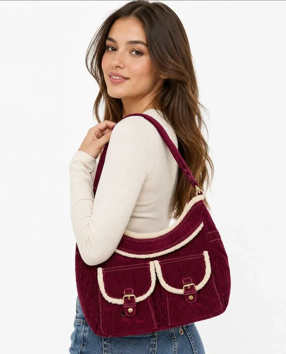Y2K Indie Sleaze Burgundy Corduroy Sherpa Trim Shoulder Bag Unbranded Hobo Purse